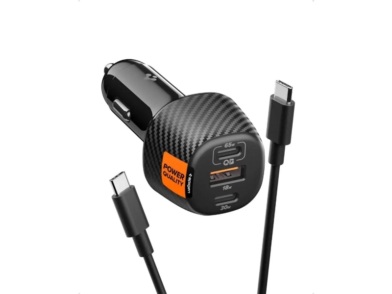 Spigen Essential 3 Ports 113W Car Charger With Type C Cable, Auto, Cigar Lighter, 1 M, Black