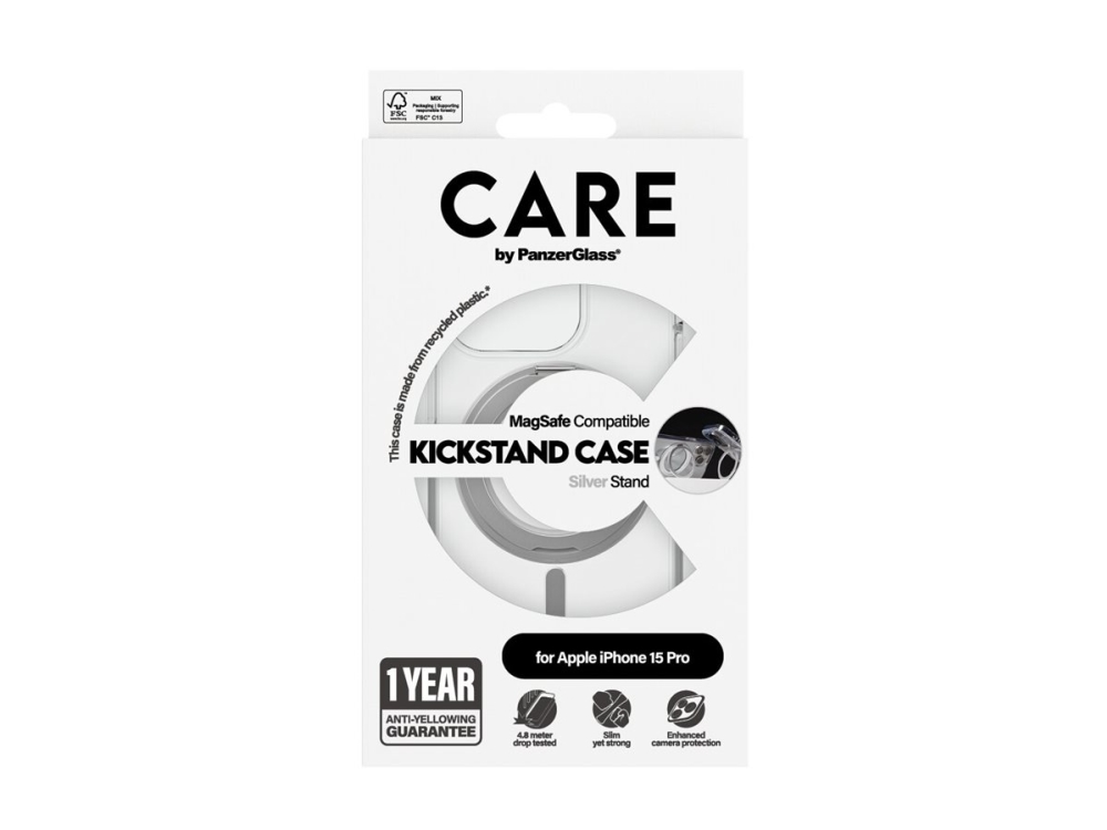 CARE by PanzerGlass - Bagsidecover til mobiltelefon - MagSafe-kompatibilitet - genbrugt plastik - gennemsigtig, sølv - for Apple iPhone 15 Pro