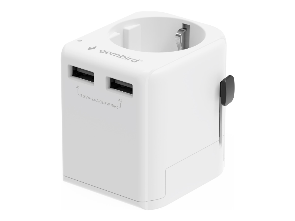 Gembird - Netzsteckeradapter Mit Usb-Ladeadapter - Typ B, Typ G, Typ I Auf Usb, Typ F, Typ E, Typ C - Ac 100-250 V - 10 A - Geerdet - Weiß