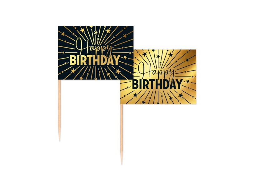 Guld Og Sort Happy Birthday Kageflag, 50 Stk