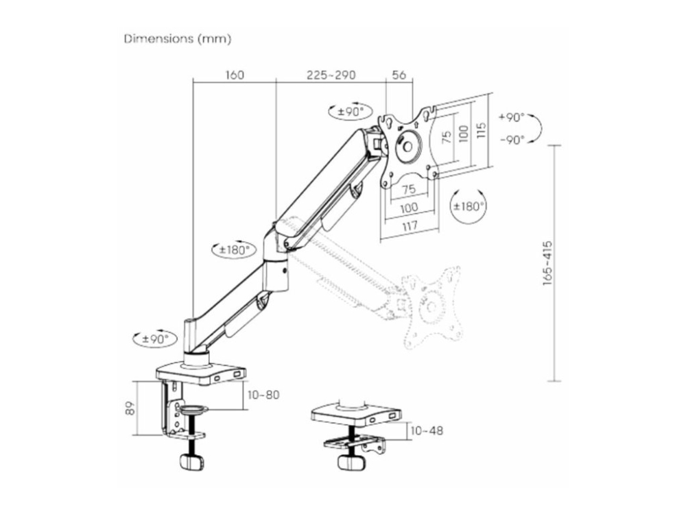 Estuff - Monteringssæt (Skærmmontering) - Gas Spring - For Fladt Panel - Aluminium, Plastik, Stål - Sort - Skærmstørrelse: 17"-32" - Skrivebordsmonte