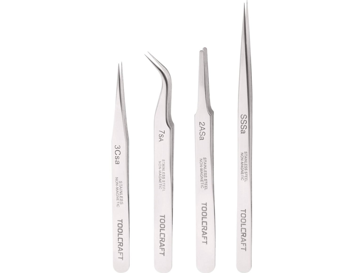 TOOLCRAFT 816747 Pincett set 4 st SS SA, 2a SA, 7 SA, 3c SA Plattrund, Spets, böjd 55°, Spets, Spets, smal | Verktyg & Verkstad - Handverktyg - Övriga handverktyg | GameStuff