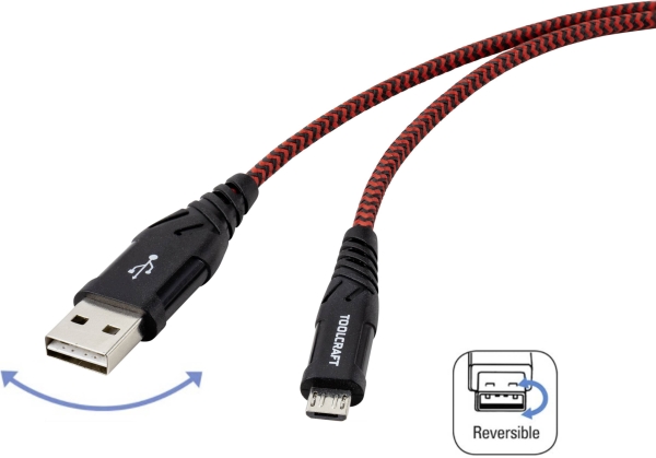 Toolcraft Usb 2.0 Tilslutningskabel [1X Usb 2.0 Stik A - 1X Usb-C Stik] 2.00 M Sort/Rød