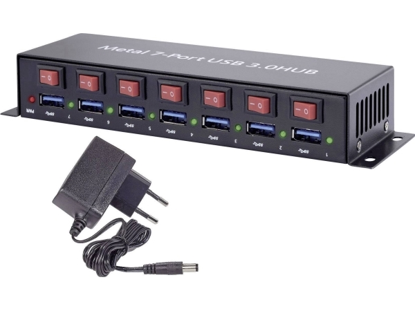 Renkforce 7 portin USB 3.0 -keskitin Metallikotelo, erikseen kytkettävissä, seinäasennukseen Musta (1089874)