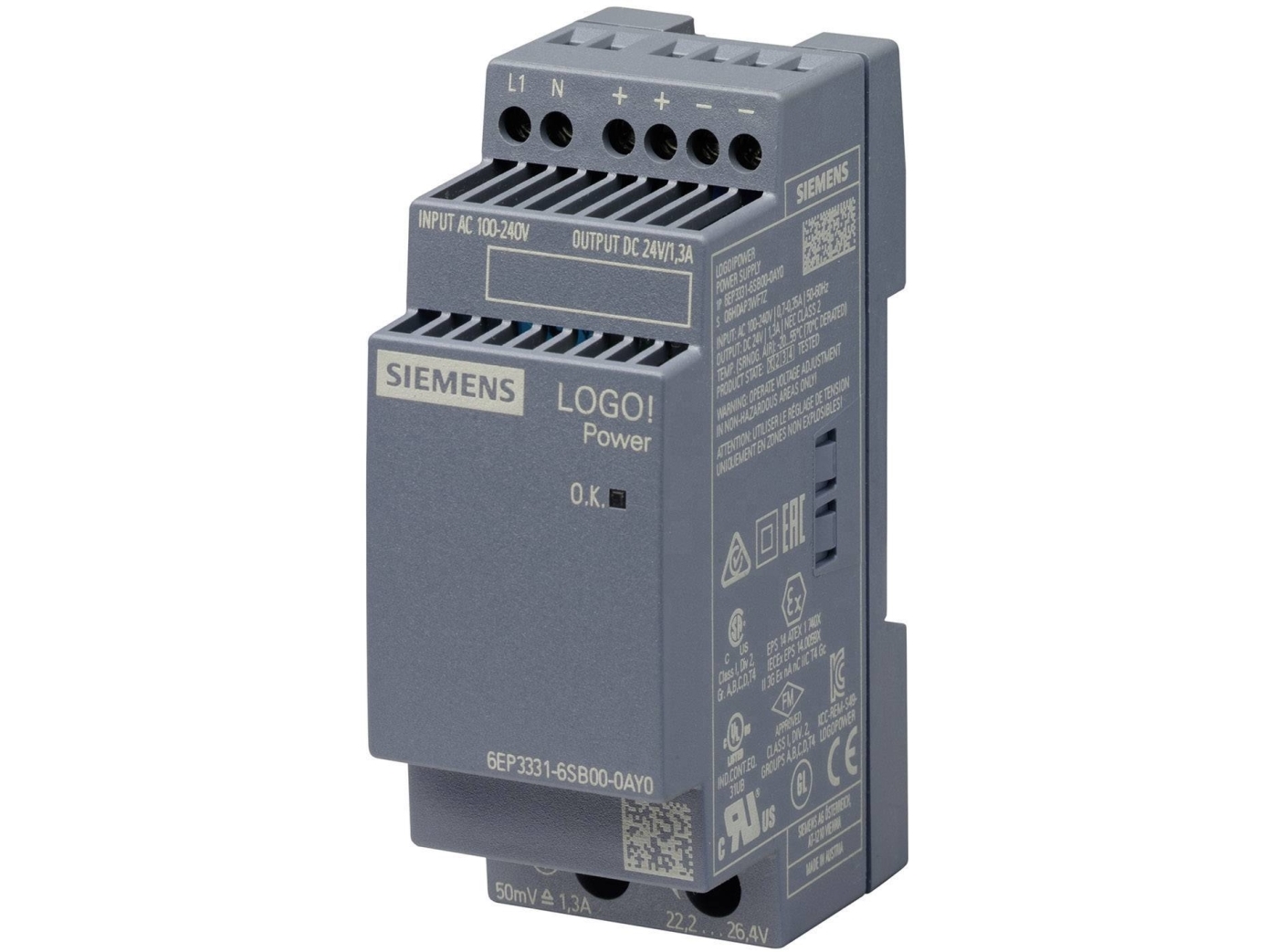 LOGO!Power (Gen 4.): Stabiliseret DIN-skinne strmforsyning, 100-240Vac ? 24-28Vdc / maks. 1,3A, 2 modul bred - Siemens