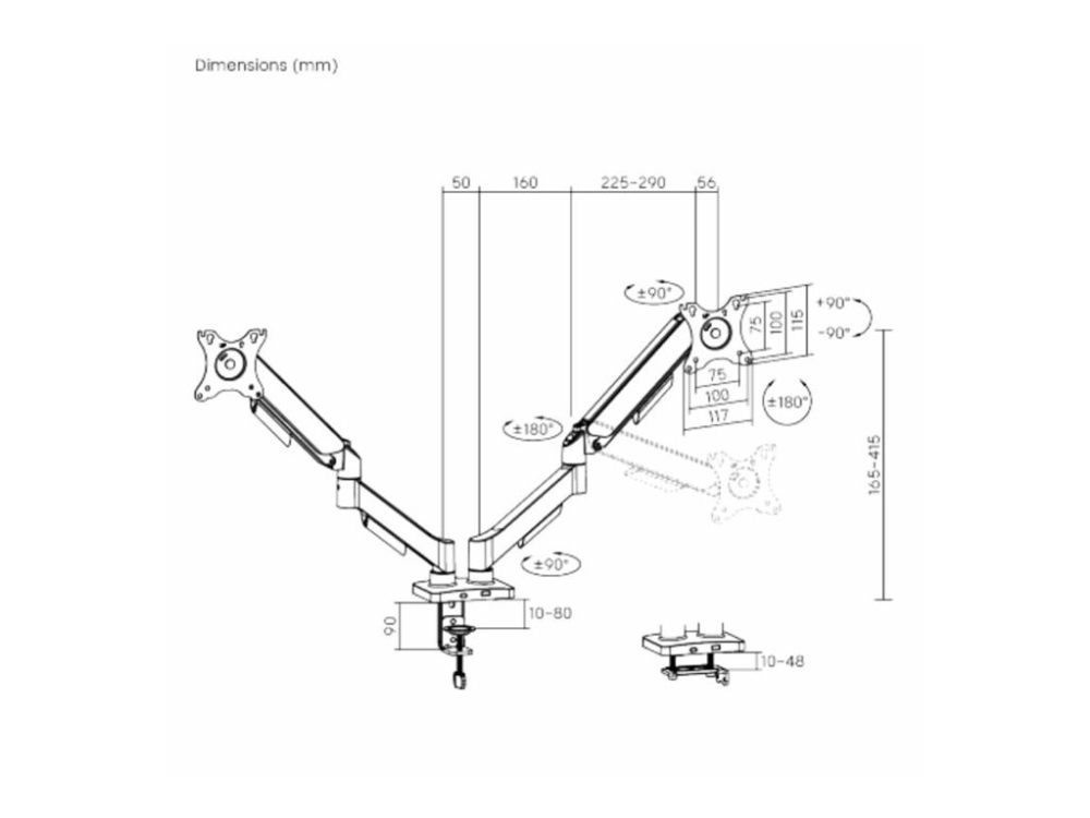 Estuff - Monteringssæt (Dobbelt Skærmmontering) - Gas Spring - For 2 Lcd / Plasmapaneler - Aluminium, Plastik, Stål - Sort - Skærmstørrelse: 17"-32"