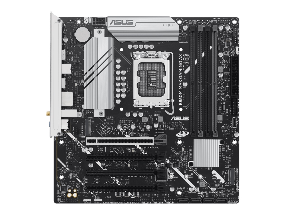 ASUS B860M MAX GAMING AX - Moderkort - micro ATX - LGA1851-uttag - B860 Chipuppsättning - USB-C 3.2 Gen 2x2, USB-C 3.2 Gen2, USB 3.2 Gen 2, USB 3.2 Gen 1 - Wi-Fi 6, Bluetooth, 2.5 Gigabit LAN - inbyggda grafiken (CPU krävs) - HD-ljud (8 kanaler) | Datorkomponenter - Moderkort - Alla Moderkort | GameStuff
