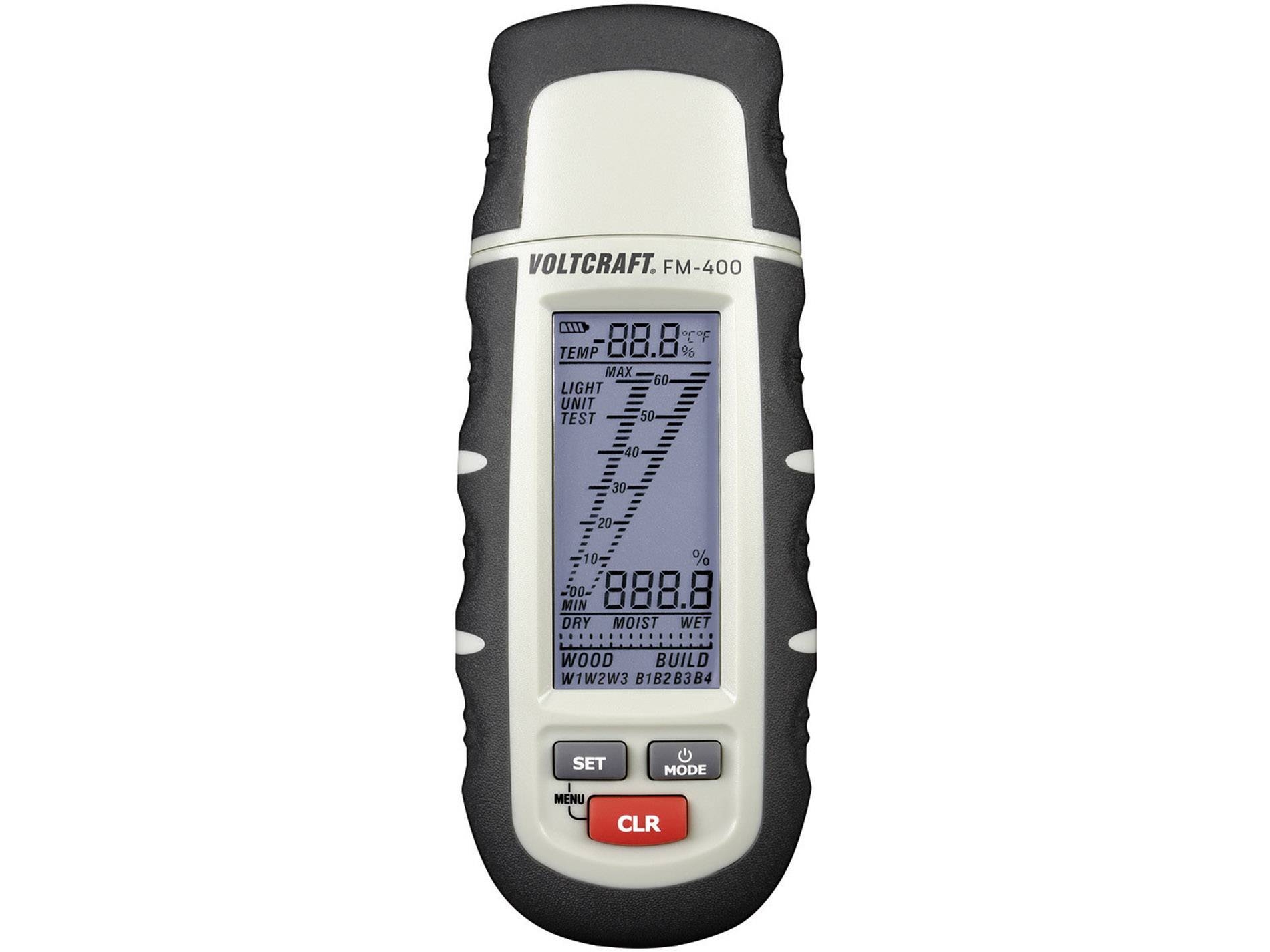 VOLTCRAFT FM-400 Materiaalin kosteusmittari  Mittausalue rakennuskosteus (alue) 0,1 - 24 % vol Mittausalue puun kosteus (alue) 1 - 60 % vol