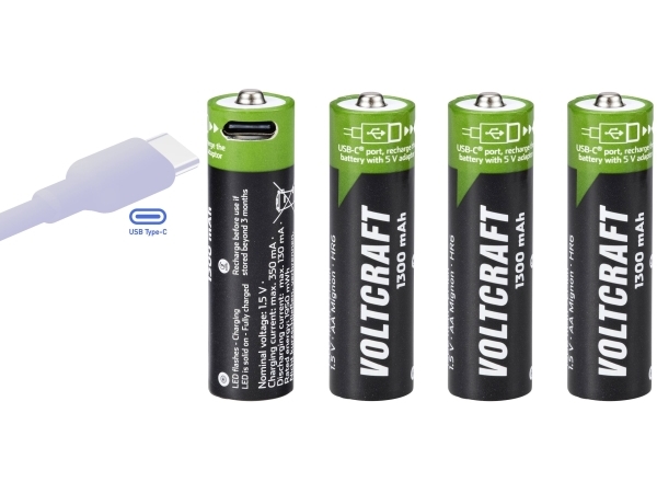 Voltcraft Vc-Aa1300usb #####Usb-C Batterie R6 (Aa) Aufladbar Mit Usb Lithium 1,5 V 1300 Mah