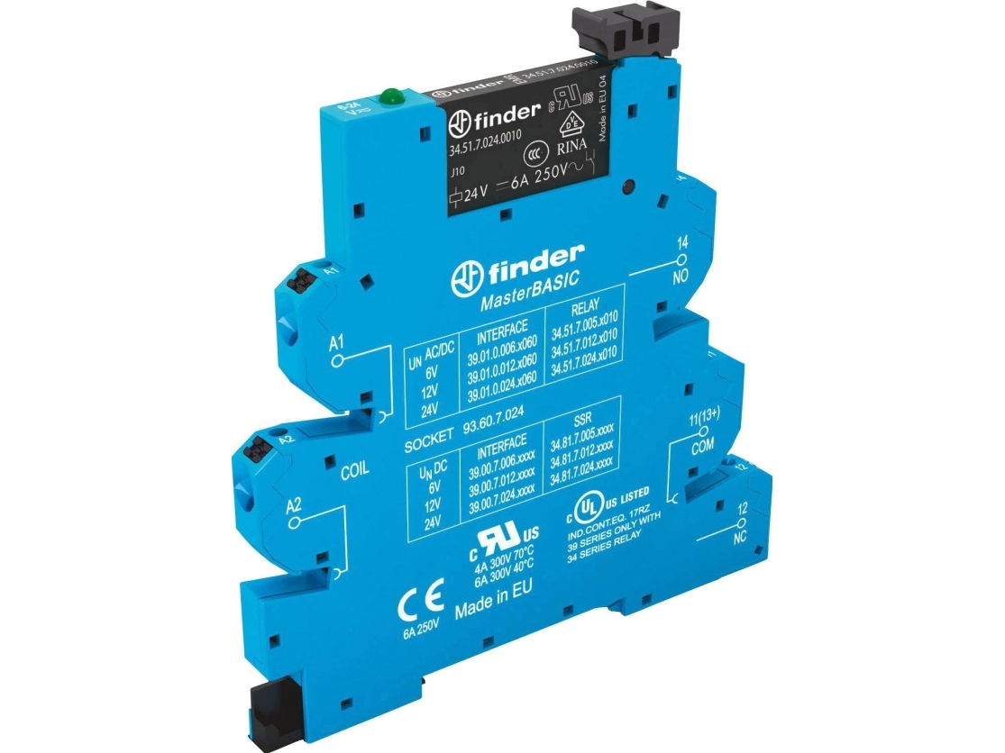 Finder Relæ Smalt 6,2 Mm Komplet Med Sokkel Og Relæ, 1Co, 6A (Agni), 24V Ac/Dc, 6,2 Mm Bredde, Med Relæ Og Sokkel Med ''Push-In'' Klemmer