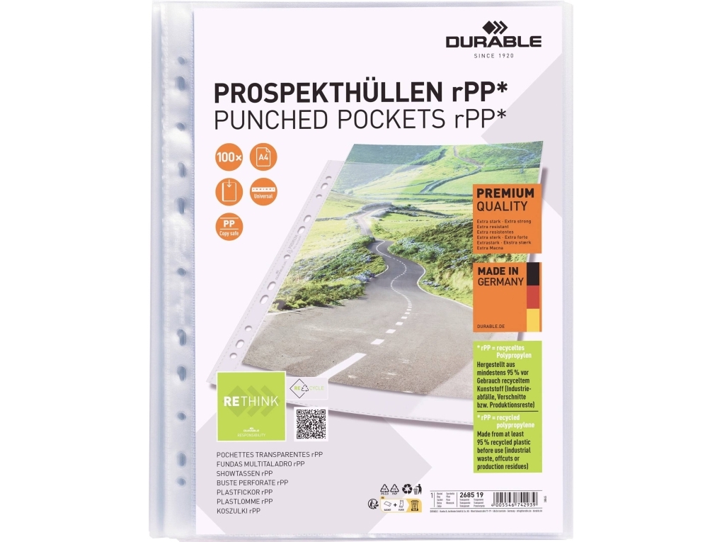 DURABLE Plastlomme til ringbind PREMIUM A4 rPP 100 stk/pose.