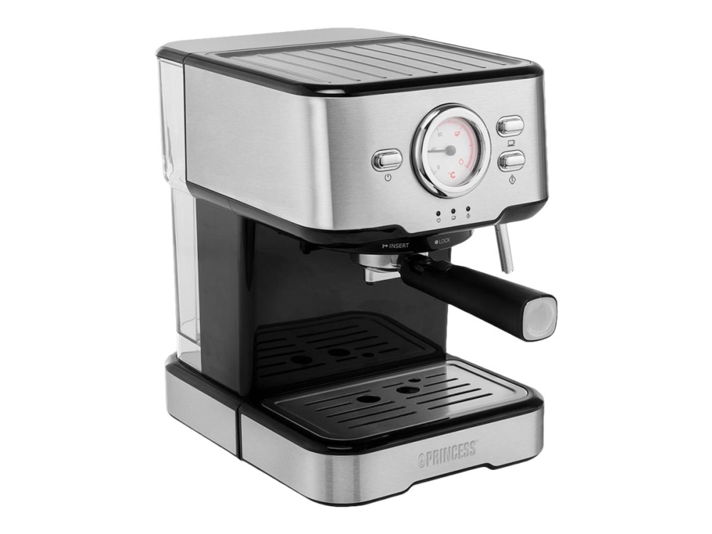 Princess 01.249412.01.001 Espresso- Und Kapselmaschine, Espressomaschine, 1,5 L, Kaffeekapsel, Gemahlener Kaffee, 1100 W, Schwarz, Edelstahl
