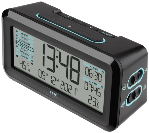 TFA Dostmann 60.2562.01.GB Radioväckarklocka Svart, ljusblå Väckarklockor 2 gånger | Huset - Säkerhet & Larm - Klockor och väckarklockor | GameStuff