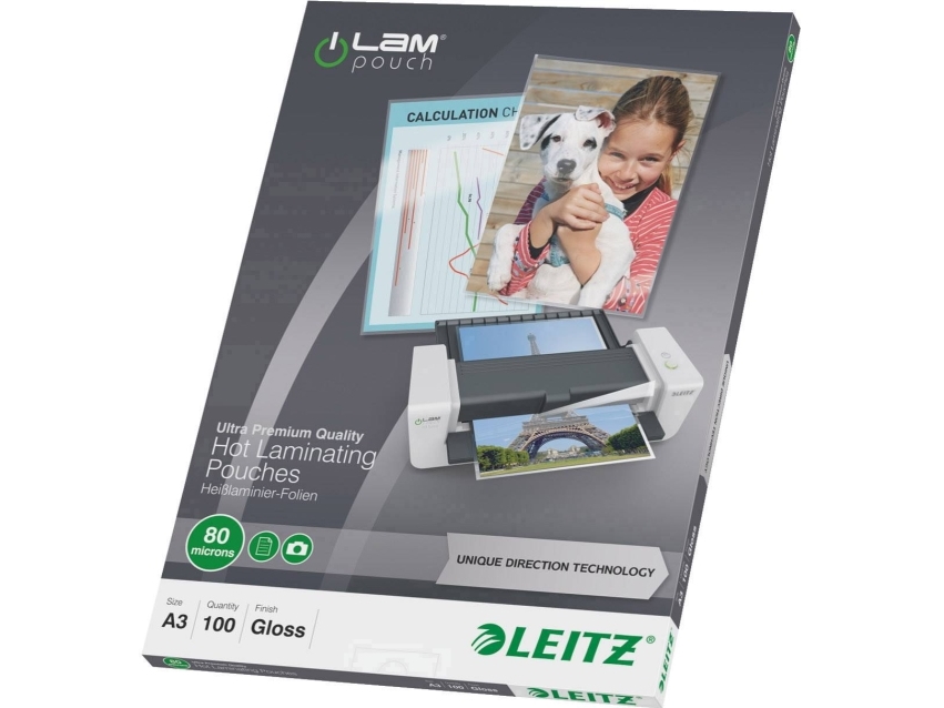 Leitz Ilam Ultra-Premium Højglans A3 Lamineringslommer Med Udt, 80 My, Pakke Med 100 Stk. Glasklar
