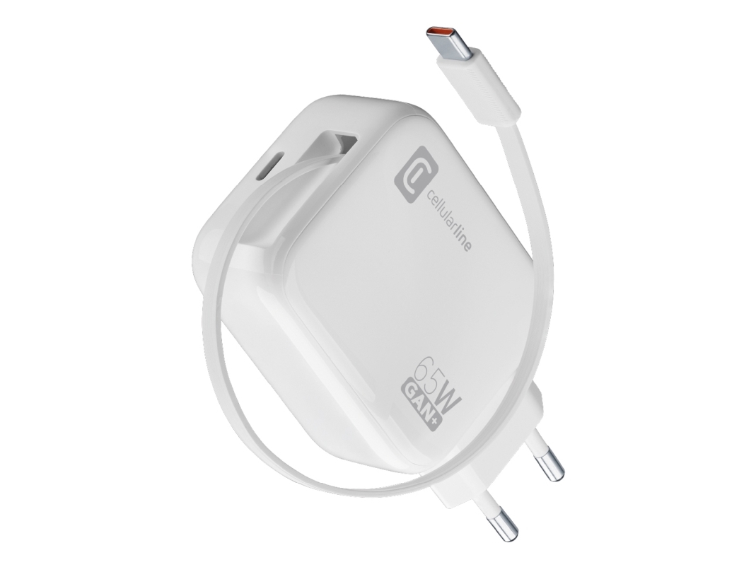 Cellularline Retractable Power 65W, Indendørs, Vekselstrøm, 0,9 M, Hvid