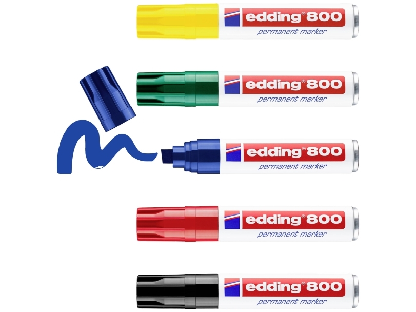Edding 800, Svart, Blå, Grön, Röd, Gul, Mejselspets, Aluminium, 4 mm, 1,2 cm, Kartong, Glas, Läder, Metall, Papper, Plast, Trä | Skrivredskap - Märkpennor - Permanent Marker | GameStuff