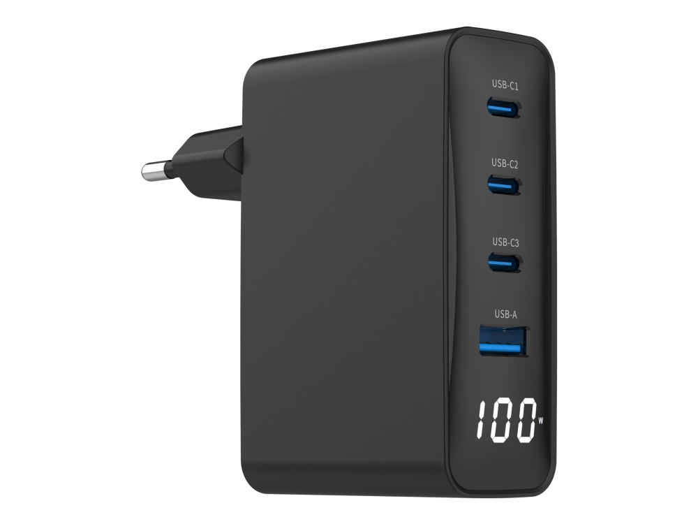 Gembird - Strømforsyningsadapter - 100 Watt - 5 A - Fast Charge, Pd, Qc 3.0 - 4 Output-Stikforbindelser (3 X Usb-C, Usb Type A) - Sort
