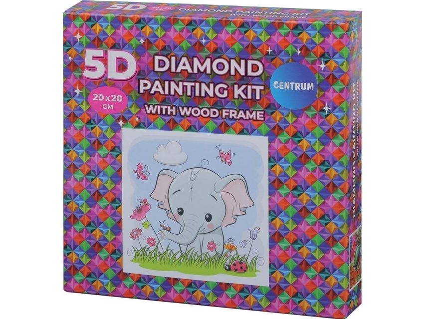Diamond Painting Kit - 5d - 20x20 Cm - Med Træramme - Elefant