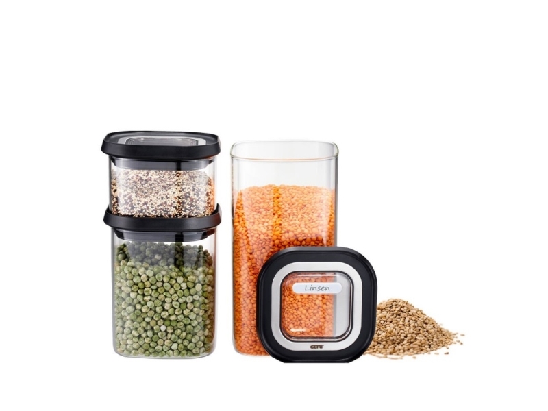 GEFU 12807, Sæt, Rektangulær, 1,4 L, Sort, Transparent, Glas, Plast, Silikone, Rustfrit stål, 115 mm