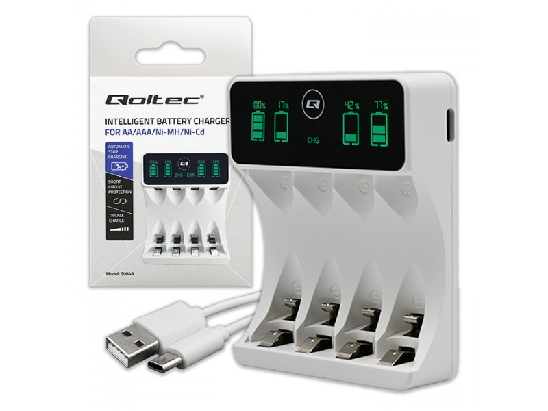 Qoltec Wiederaufladbares Ni-Mh-Akku-Ladegerät Typ R03 Aaa R6 Aa | Lcd | Usb-C Kabel | Weiß