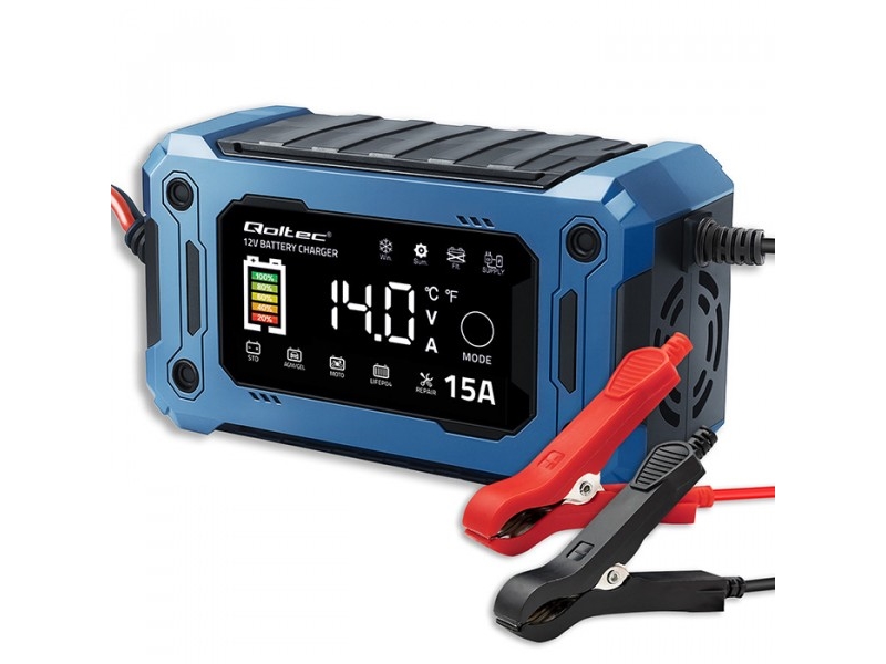 „Qoltec“ išmanusis mikroprocesorius 12 V 15 A | Lygintuvas su remonto ir maitinimo palaikymo funkcija keičiant akumuliatorių | skirtas AGM GEL LiFePO4 | LCD