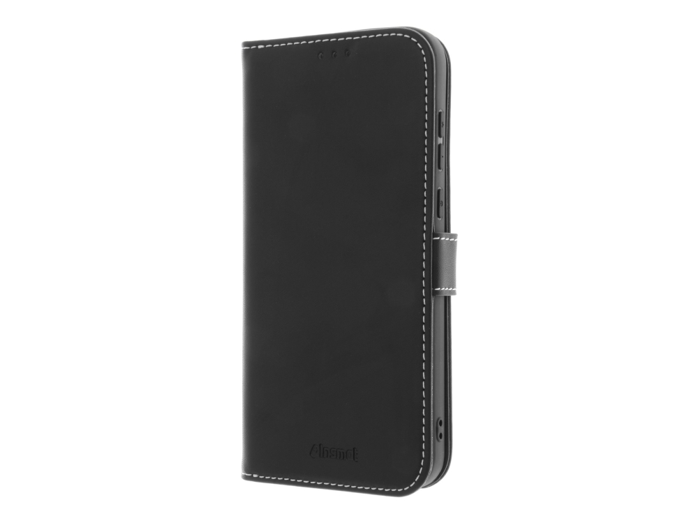 Insmat Exclusive Flip Case - Flipomslag til mobiltelefon - ægte læder, pap+papir, polykarbonat, bomuldssyninger, 2 magnet, galvaniseret bronzering - sort - for OnePlus 15