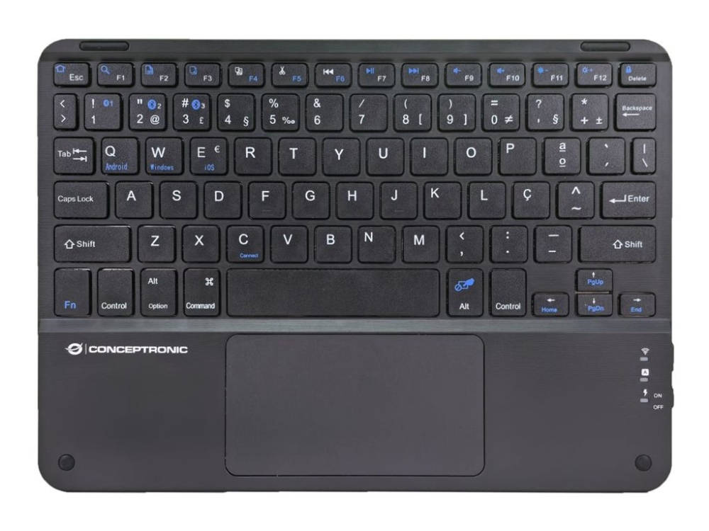 Conceptronic - Tastatur - 10" - Med Touchpad - Trådløs - Bluetooth 5.4 - Qwerty - Portugisisk - Sort - Hængeboks