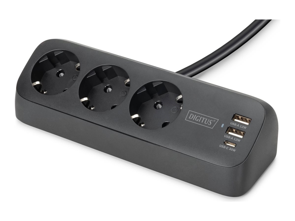 Digitus 3-Way Office Socket Strip With 2X Usb-A And 1X Usb-C Connections, Black, 1.5 M, Indoor, Type E / F, Ip20, 1.5 Mm², Polycarbonate (Pc)