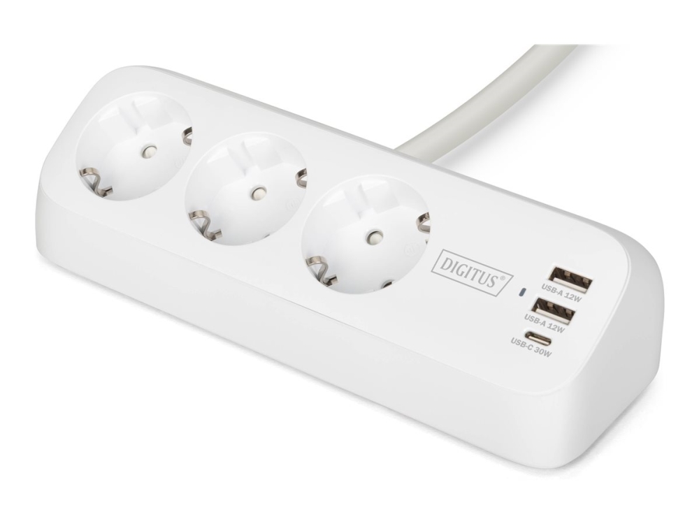 Digitus 3-Way Office Socket Strip With 2X Usb-A And 1X Usb-C Connections, White, 1.5 M, Indoor, Type E / F, Ip20, 1.5 Mm², Polycarbonate (Pc)