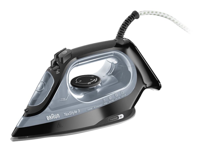 Braun TexStyle 3 SI 3055 BK - Dampstrygejern med automatisk afbrydelse - såleplade: FreeGlide 3D SuperCeramic - 2400 W - sort