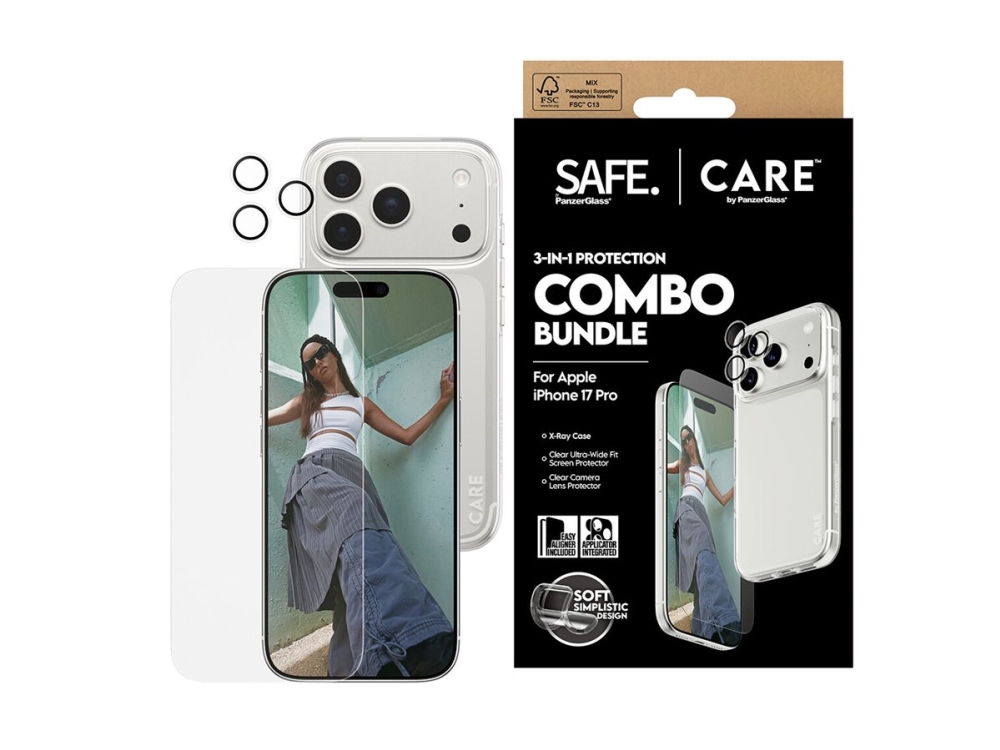 CARE by PanzerGlass - 3-in-1 Protection Combo Bundle - bagsidecover til mobiltelefon - polykarbonat, termoplastisk polyuretan (TPU) - klar - for Apple iPhone 17 Pro