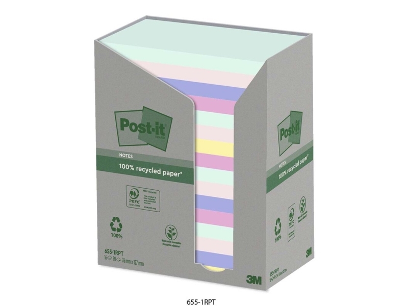 Post-It Sticky Notes Recycling, 76 X 127 Mm, Ass. Farver, Pakke A 16 Stk