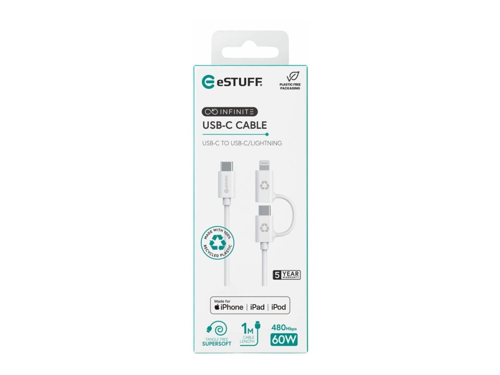 Estuff Es600170, 1 M, Usb C, Usb C/Lightning, White