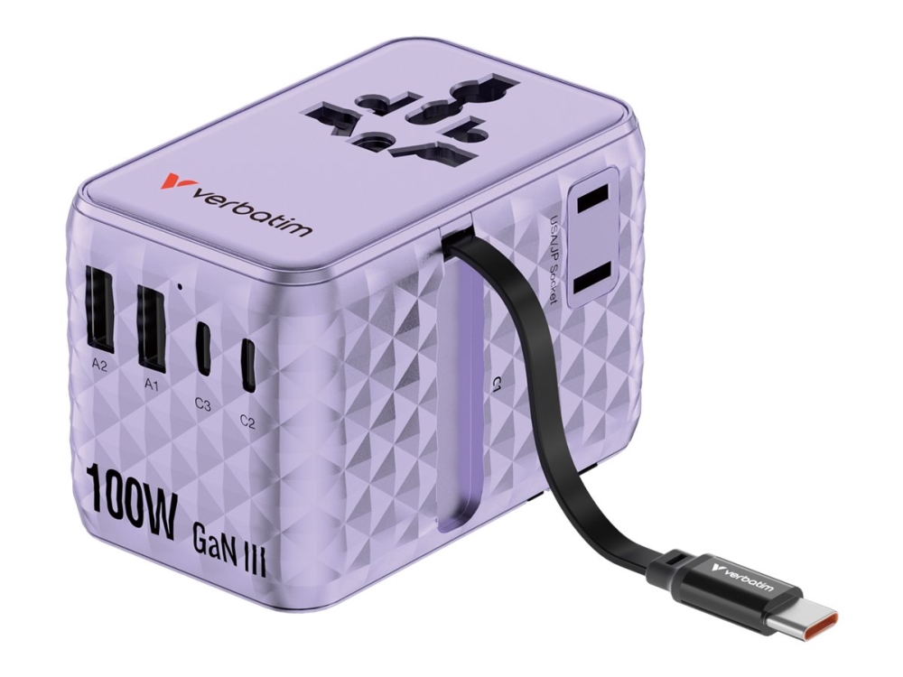 Verbatim Charge 'n' Travel - Strømforsyningsadapter - GaN III, universel, med sammenfoldbart USB-C kabel - 100 Watt - 10 A - QC 4.0+, QC 3.0, Fast Charge, Power Delivery 3.0 + PPS, USB BC 1.2, Apple Fast Charge - 5 output-stikforbindelser (3 x USB-C, 2 x USB) - lilla