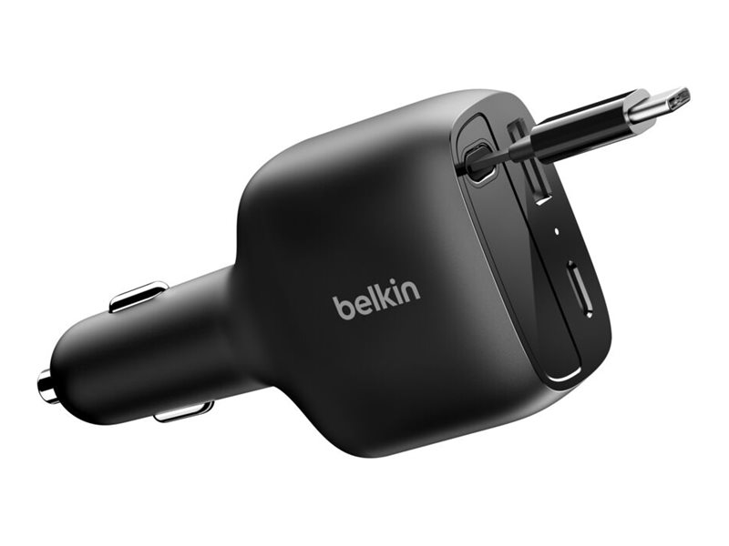 Belkin Boostcharge - Bilstrømsadapter - Retraktabel - 75 Watt - Fast Charge - 3 Output-Stikforbindelser (Usb, 2 X Usb-C) - Sort