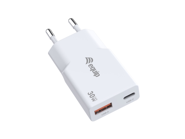 Equip 2-Port 30W Gan Slim Usb Pd Charger, Usb-C X1, Usb-A X1, Indoor, Ac, 20 V, White