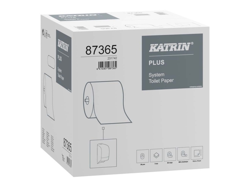 Toiletpapir Katrin Plus System 2-lag, hvid, nyfiber, med hylse - (36 ruller pr. karton) | Rengöring - Avtorkning - Toalettpapper och dispensrar | GameStuff