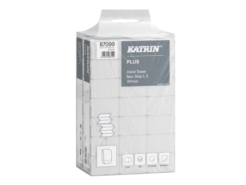 Handdukar Katrin Plus Non-Stop Vikduk 3-lagers L34xB20,3xD8,5cm Ny fiber Vit - (21 förpackningar x 90 st. per kartong) | Rengöring - Avtorkning - Handduk & dispensrar | GameStuff