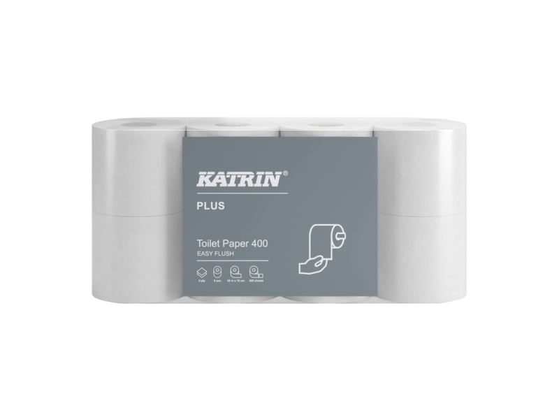 Toiletpapir Katrin Plus Easy Flush 2-lags Ø11.5cm L50mxB10cm Nyfiber Hvid,5 pk x 8 rl x 1 stk/sæk - (40 stk.)