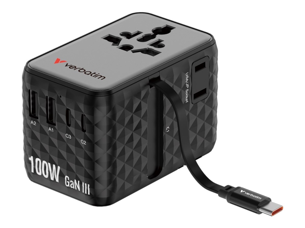 Verbatim Charge ''N'' Travel 100W Universal Travel Adapter With Retractable Cable Black, Indoor, Ac, 250 V, 10 A, 0.63 M, Black