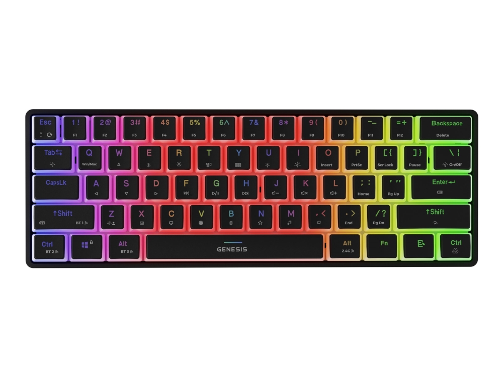 Genesis Thor 660 G2 - Tastatur - 60% - Compact - Bagbelyst - Trådløs - Bluetooth 5.0, Usb, 2.4 Ghz - Qwerty - Usa - Tastkontakt: Gateron Brown - Sort