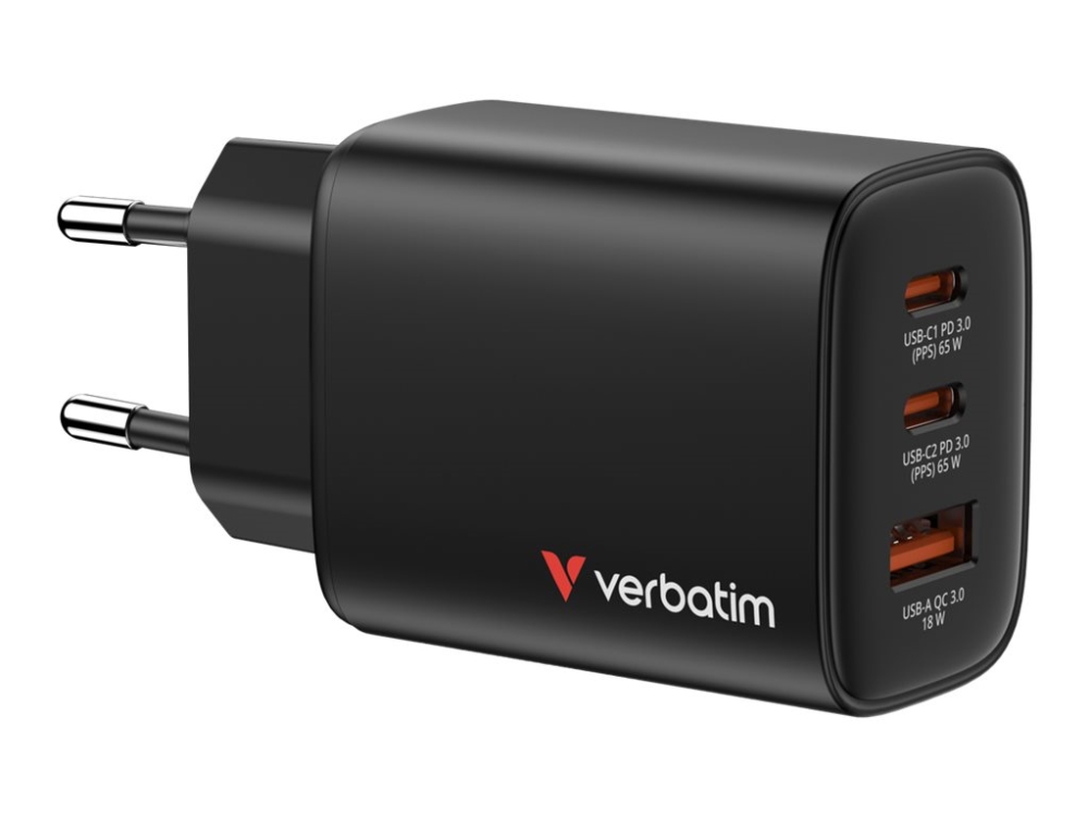 Verbatim Essentials - Strömadapter - GaN - 65 Watt - 3 A - Power Delivery 3.0 + PPS, QC 3.0 - 3 utdatakontakter (USB-C, USB) - svart - Europa | Datortillbehör - Laddare & Batterier - Nätaggregat adaptrar | GameStuff