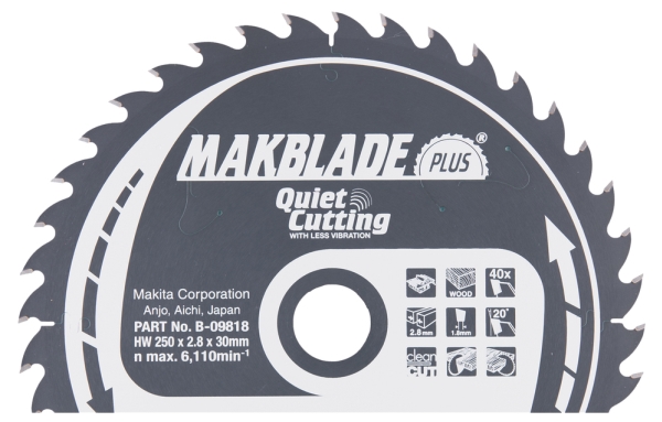 Makita T.C.T. Pjūklas Makblade Plus 250X2.8X30mm 20° T40 B-09818 T.C.T - 250 X30 Mm - T40 - 20° - Mediaai