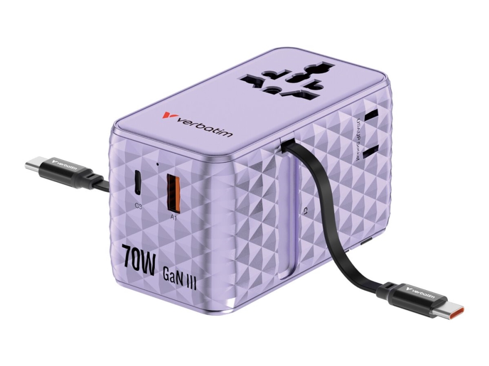 Verbatim Charge 'n' Travel - Strømforsyningsadapter - GaN III, universel - 70 Watt - 10 A - Power Delivery 3.0 + PPS, QC 4.0, Power Delivery 3.1, QC 4.0+ - 4 output-stikforbindelser (USB-C, USB) - lilla