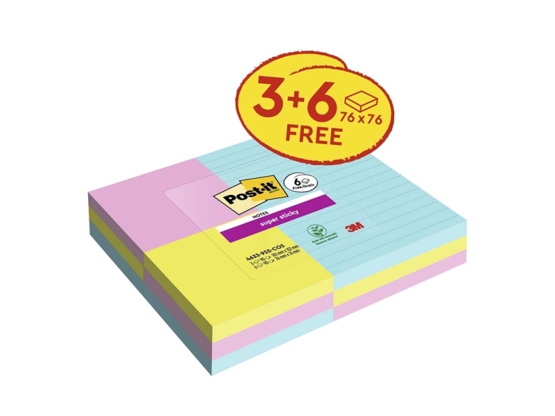 Post-It Super Sticky Notes 3 Liniert + 6 Standardblöcke Gemischte Größen 90 Blatt/Schwarz 9 Schwarz/Packung Co