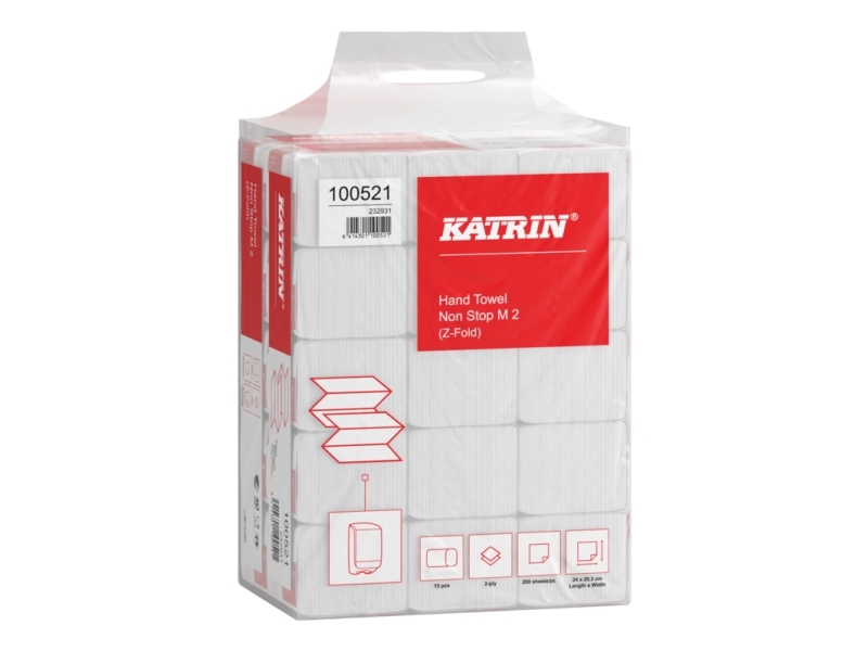 Håndklædeark Katrin Non-Stop Z-Fold 2-lag L24xB20.3xD8cm Nyfiber Hvid,15 pk x 200 ark/sæk - (3000 stk.)