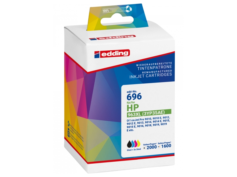 Edding Edd-696, Schwarz, Cyan, Magenta, Gelb, 53 Ml, 26 Ml, 4 Stück(E), 2000 Seiten, Multipack
