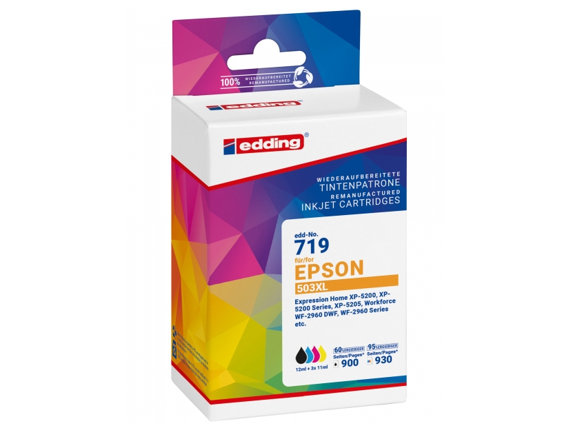 Edding Edd-719, Schwarz, Cyan, Magenta, Gelb, 12 Ml, 11 Ml, 4 Stück(E), 900 Seiten, Multipack