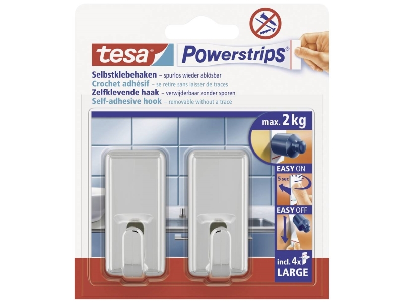 Tesa Haken Powerstrips Large Chrom 2 Stück, Indoor, Küchenhaken, Metallisch, 2 Stück(E)