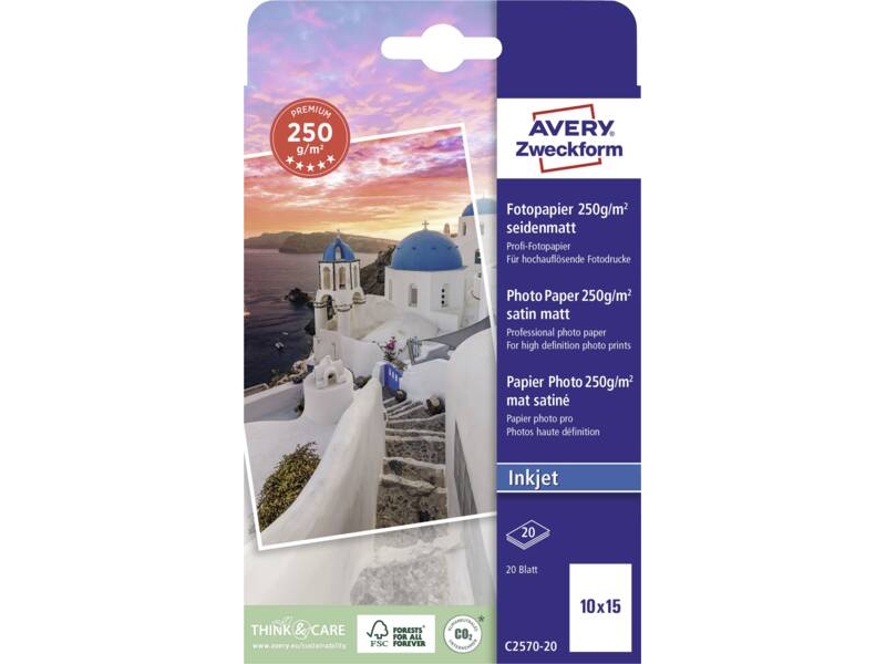 Avery C2570-20, Satinmatt, 250 G/M², Tintenstrahl, 10X15 Cm, Weiß, 20 Blätter